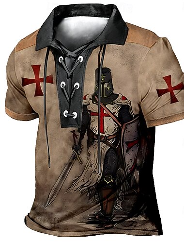  Herr Tempelriddare Pikétröjor Kortärmad Polotröjor Kavajslag Vintage Ledigt Streetwear Dagliga kläder 3D-utskrift Nättyg som andas Vår & sommar Vår Blå Brun Grön
