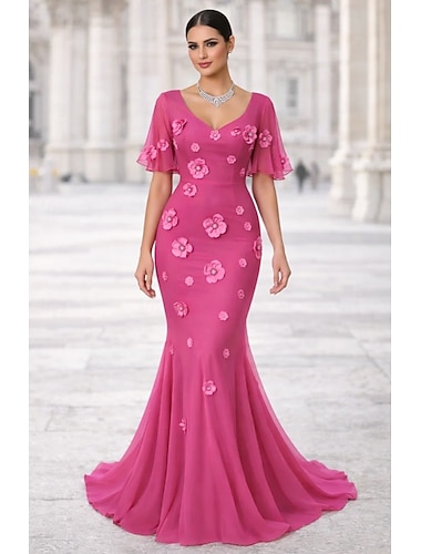  בתולת ים  חצוצרה עד הריצפה שמלות ערב לבוש רשמי אלגנטית פרחוני שרוולים קצרים צווארון V חתונה רשמי שיפון עם פרח רקום קפלים