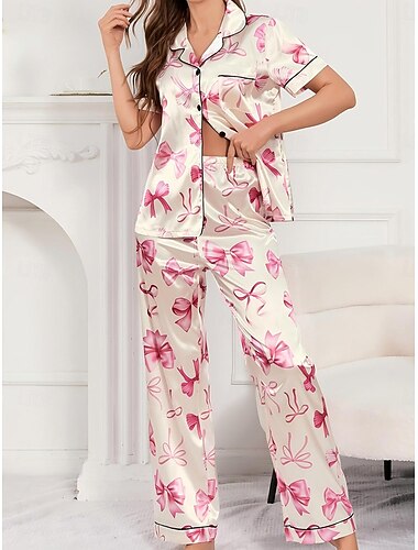  Mulheres Loungewear Conjunto de Pijama Moda Simples Casual Gráfico Pijama de cetim sedoso Cintura elástica Botões Calça Casa Férias Manga Curta Colarinho de Camisa Rosa Verão Primavera Outono Normal