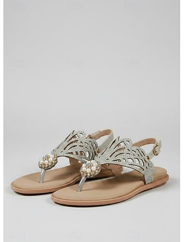  női bohém bézs szandál - csillogó strasszos T-pántos túracipő kényelmes rugalmas hátpánttal szabadtéri nyaralásokhoz, tengerparti üdülőhelyekhez &nyári utazás