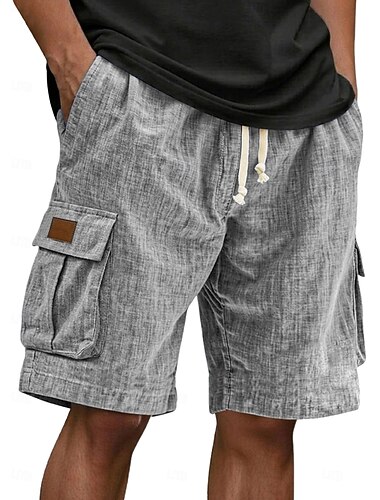  Herr Cargo-shorts Linne Shorts Sommarshorts Beach Shorts Snörning Elastisk midja Flera fickor Slät Enfärgat Komfort Andningsfunktion Knelängd Strand Semester Helgdag Mode Retro / vintage Blå Svart