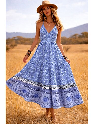  Damen Maxikleid Boho-Kleid Sommerkleid Freizeitkleid Ethnokleid Elegant Bohemien Urlaub Strand Ferien Date Normale Passform Blumen Grafik Ärmellos V Ausschnitt Blau Rosa Purpur Orange Sommer Frühling