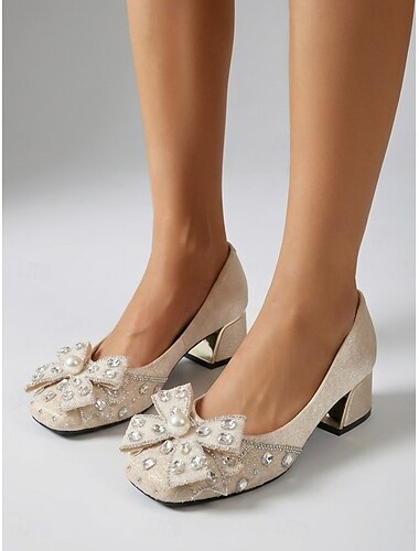  Women's Ivory Pearl Bow Chunky Heel Pumps - Elegant Garden Party Dress Shoes