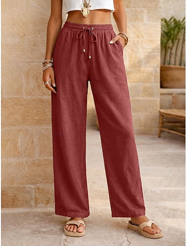  Dame Linbukser i bomull Sommerbukser Bukser Ferie Grunnleggende Fritid hverdag Full lengde Naturlig عادي Snorer Lomme foran Komfort Pusteevne Bekvem Uelastisk Daglig Ut på byen Helg Blå Lysegr