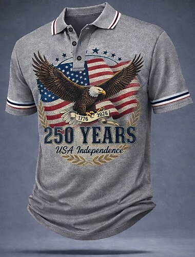  4 يوليو 2026، الذكرى 250 رجالي علم الولايات المتحدة الأمريكية قمصان البولو كم قصير قمصان البولو قميص بياقة كاجوال الأماكن المفتوحة ملابس الشارع ملابس الرياضة Buttons خامة شبكية تسمح بمرور الهواء