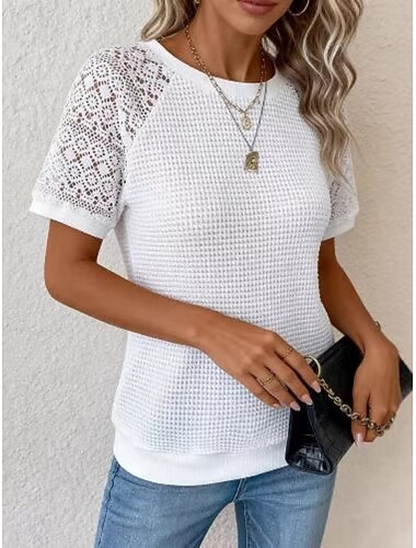  Damen T Shirt Spitzen-T-Shirt T-Shirt Spitze Patchwork Einfach Mode Stilvoll Klassisch Kurzarm Rundhalsausschnitt Normale Oberteile Täglich Ausgehen Wochenende Schwarz Weiß Grau Sommer Frühling