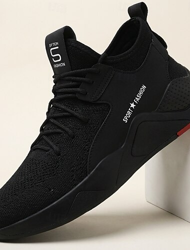  Herr svarta atletiska stickade sneakers med lätta, andningsbara snörskor för löpning, gymträning, jogging, resor och vardagskläder