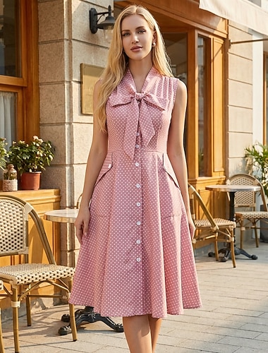  1950-tallet Rockabilly Middag Kjoler Ermeløs Sløyfer Polkadotter Sløyfe knyttet hals Kostyme Dame Avslappet Hverdag Te Fest Voksne Kjole Vår sommer