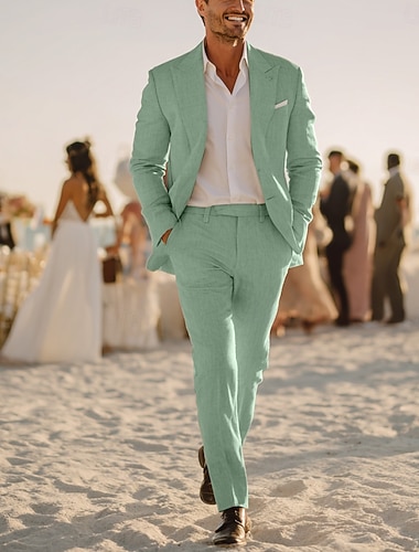  Heren Linnen pakken Strand bruiloft Wit Hemelsblauw Lente zomer Pak Puntige revers Formeel Effen Strak 2-delige set Enkele rij knopen met twee knopen