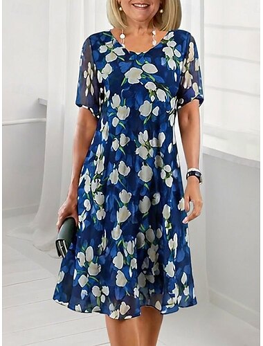  Mulheres Vestido no Joelho Vestido de chiffon Vestido floral Elegante Moda Moderno Diário Férias Final de semana Normal Floral Manga Curta Gola Redonda Azul Verão Primavera