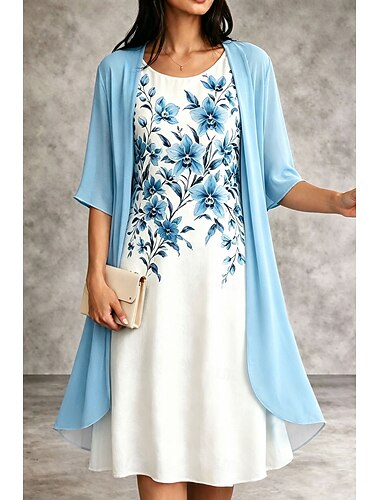  Per donna Insieme del vestito Abito a trapezio Elegante Vacanza Floreale Grafico Stratificato Stampato Abito Midi Manica 3/4 Girocollo Quotidiano Vacanza Blu Rosa Viola Estate Primavera Vestibilit