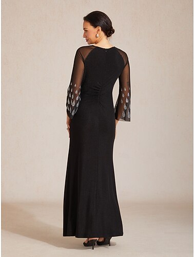  Dames Maxi-jurk A lijn jurk Elegant klok Mouwen Avond Feest Cocktailparty Sierstenen Kunstdiamanten Normale pasvorm Effen Kleur 3/4 mouw Strakke ronde hals Zwart