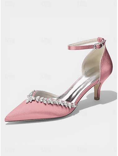  Rosa Satin-Pumps mit Kitten-Heels, Strass-besetzte Knöchelriemchen und spitzer Zehenpartie für Cocktailpartys und Hochzeiten &Abendveranstaltungen