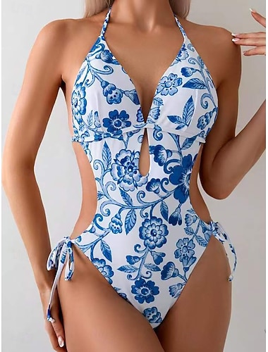  Dame Badetøy Ett stykke Bikini Høy Midje Badedrakt Rynket Lapper Ferie Strand Klær Blomstret Grafisk Grimehals Ermeløs Badedrakter