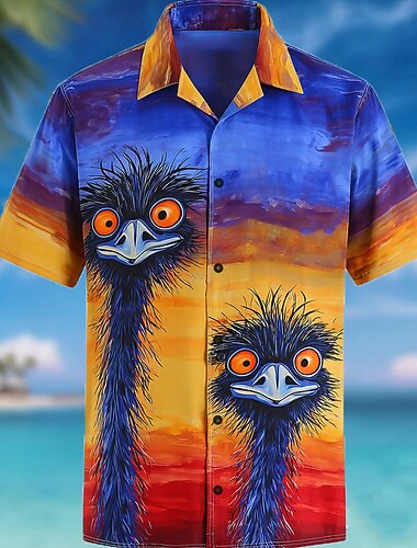  Homme Oiseau Autruches Blocage de couleurs Chemise à col cubain Chemise hawaïenne Chemises tropicales Manche Courte Hawaïen Drôle Vêtements de rue Fête Vacances à la Plage Été Printemps Chemise à col
