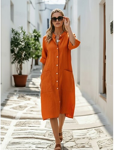  Damen Midikleid Hemdblusenkleid Baumwoll-Leinenkleid Mode Modern Täglich Outdoor Urlaub Lässiger Schnitt Einfach Ärmellos Hemdkragen Blau Schwarz Rote Purpur Sommer Frühling