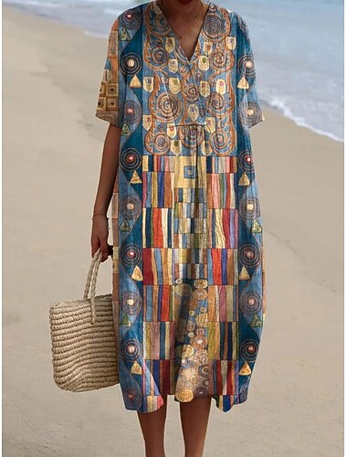  בגדי ריקוד נשים שמלת מידי שמלת קיץ חופשה יום יומי סגנונות חוף חוף מפלגה מונח בצורה רפויה גראפי גיאומטרי מופשט שרוולים קצרים צווארון V נייבי אודם כתום אפור בהיר קיץ אביב