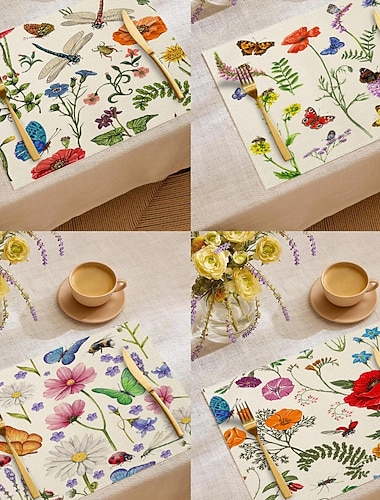  Tischset mit Schmetterlingsmotiv aus 100 % Polyestergewebe, rechteckig, mit grünem Pflanzen- und Schmetterlingsmuster, maschinenwaschbar, strapazierfähig und hitzebeständig.