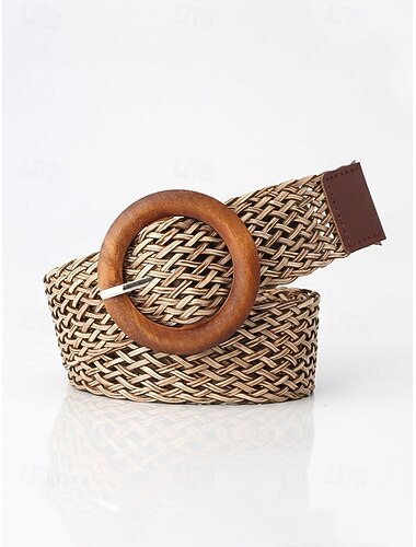  Dames boho geweven tailleband, veelkleurige elastische gevlochten riem met vintage ronde houten gesp, perfect voor strandvakanties, zomerresorts en alledaagse casual kleding.