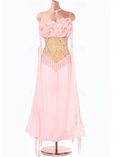  Danse de Salon Robe Strass Plis Couleur unie Femmes Soirée Entraînement Performance Sans manches Haut Spandex Polyester