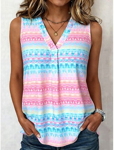 Damen Hemd Druck Grafik Geometrisch Elegant Vintage Tropisch Ärmellos V Ausschnitt Normale Oberteile Täglich Blau Violett Sommer Frühling