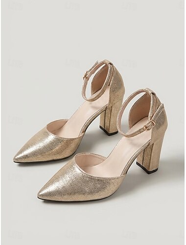  נעלי עקב בלוק מטאלי בצבע זהב לנשים, רצועת קרסול מחודדת עם נעלי ערב אלגנטיות לאורחי חתונה, חתונה בגן &אירועים רשמיים