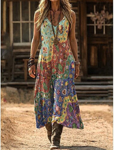  Per donna Abito Lungo Maxi Abito Abito Boho Abito Vintage Vestito Casual Vintage Vestibilità regolare Boho Floreale Senza Maniche Scollo a V Nero Rosa Verde Estate Primavera