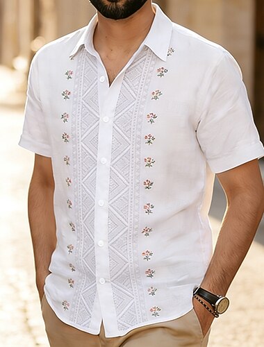  Herren Geometrisch Ethnisch Blumen Hemd Guayabera Hemd Knopfhemd Kurzarm Vintage-Retro Täglich Outdoor Urlaub Sommer Frühling Umlegekragen 3D-Druck Leinenähnliches Hemd Blau Weiß Rosa Grün