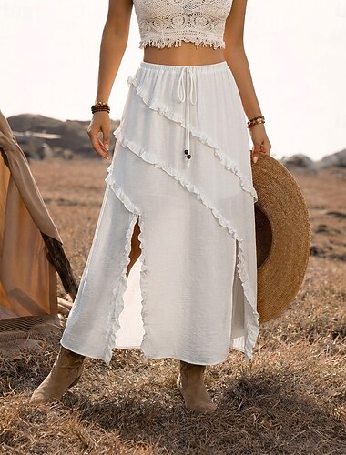  نسائي تنورة العطلات بوهيميا عتيق موضة طويل للأرض خصر عالي التنانير غير مطاطي أزرق أسود أبيض أحمر الصيف بوليستر