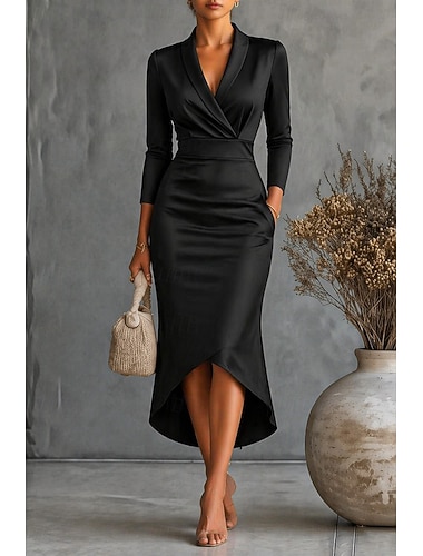  Damen Midikleid Satinkleid schwarzes kleid Partykleid Cocktailkleid Elegant Modern Abendgesellschaft Party Normale Passform Einfach Langarm V Ausschnitt Schwarz Weiß Rosa Wein Herbst Winter