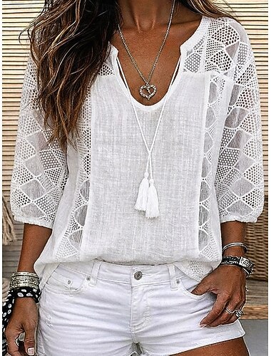  Dame Bluse Blonde topper Blonde Uthult عادي Stilfull Moderne 3/4 ermer U-hals Lange topper Avslappet Daglig Strand Blå Hvit Gul Sommer Vår