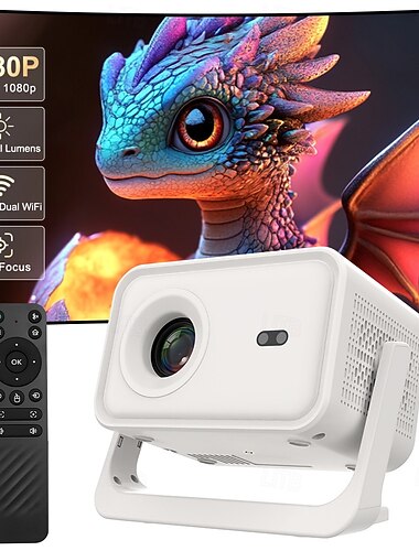  Intelligenter Projektor mit 180° drehbarem Standfuß, nativer 1080p-Filmprojektor mit Autofokus, 350 ANSI Lumen, 5G-WLAN, Bluetooth, Heimkino-Projektor für drinnen und draußen, kompatibel mit iOS- und