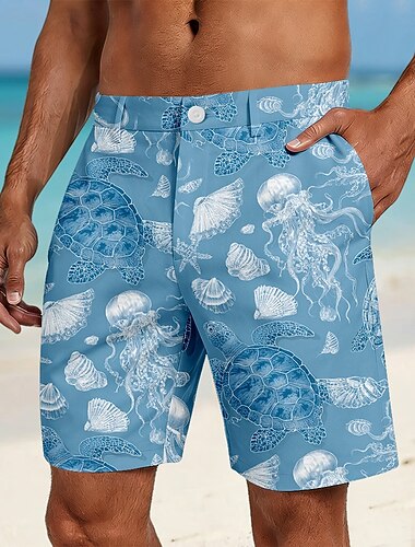 男性用 クラゲ カメ 海洋生物 バミューダショーツ カジュアルショーツ ゴルフショーツ ミディアムウエスト ハワイアン ワーク ビーチ スポーツ・アウトドア フラットフロントショーツ（ポケット4つ付き） デザイナー 衣類