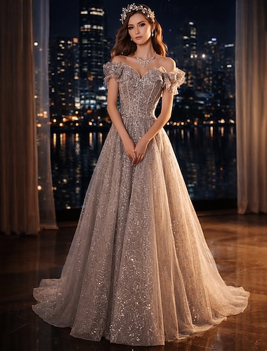  A-Linie Bodenlang Abiballkleider Glanz & Glamour Kurzarm Schulterfrei Abschlussball Hochzeitsgast Polyester mit Paillette Rüschen