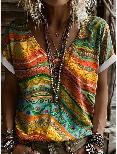  Dame T skjorte Trykt mønster Grafisk Abstrakt Geometri Årgang Stilfull Klassisk Kortermet V-hals Vanlige topper Daglig Treningssenter Ut på byen Blå Gul Oransje Sommer Vår