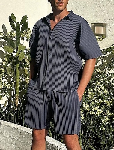  Herr Ribbad stickad 2 delar Skjorta set Och Shorts Beach Shorts Uppsättning Slät Dagligen Utomhus Semester Nedvikt Kortärmad Sommar Mode Ledigt Bekväm Kläder