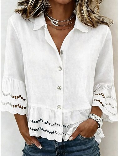  Damen Bluse Knöpfe Spitzenbesatz Einfarbig Elegant Urlaub Stilvoll Dreiviertelarm Hemdkragen Normale Oberteile Täglich Blau Weiß Sommer Frühling Herbst