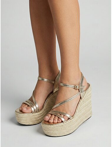  Espadrilles compensées dorées métallisées pour femmes - chaussures d'été confortables à plateforme haute avec semelle en paille tressée, idéales pour les vacances en station balnéaire &jardin tropical