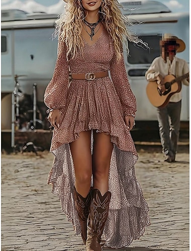  Damen Minikleid Boho-Kleid Sommerkleid Freizeitkleid Elegant Mode Western Outdoor Urlaub Ausgehen Normale Passform Blumen Langarm V Ausschnitt Rote Frühling Herbst