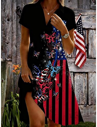  Amerikaanse onafhankelijkheidsdag Dames Mini-jurk A lijn jurk Vakantie Casual Strand Normale pasvorm Grafisch Vlag Korte mouw V-hals Zwart Wit Zomer Lente