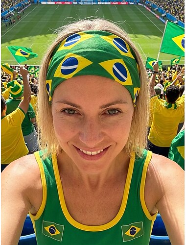  Faixa de cabelo feminina elástica em poliéster estampado com bandeiras de vários países, ideal para torcer por fãs de futebol em dias de jogos, no estádio, para uso casual em esportes e no dia a dia.