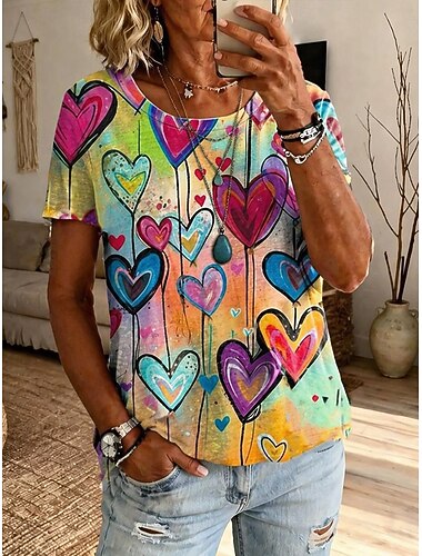  Mulheres Camiseta Imprimir Âmbar Coração Gráfico Moda à moda Clássico Manga Curta Gola Redonda Tops regulares Casual Diário Final de semana Azul Laranja Verão Primavera