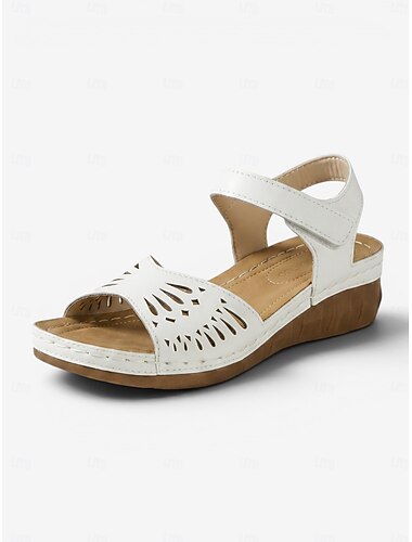  Damskie białe sandały na koturnie z wycięciem – oddychające, codzienne buty na platformie do chodzenia, podróży, na wakacje, na przyjęcia ogrodowe i do noszenia na co dzień
