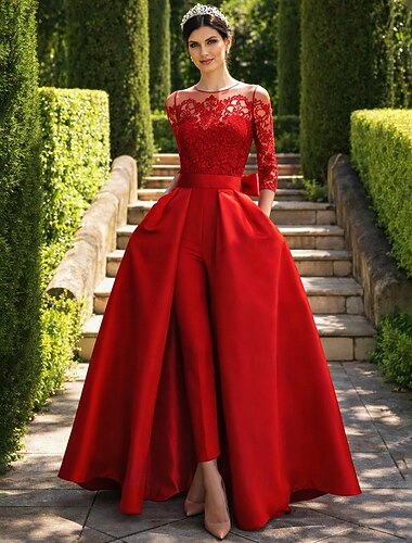  Combinaisons Longueur au sol Robe de Soirée Robe de bal avec surjupe Tenue de soirée Élégant Minimaliste Manche 3/4 Épaules Dénudées robe demoiselle d honneur Fête de mariage Poche Tissu Extensible