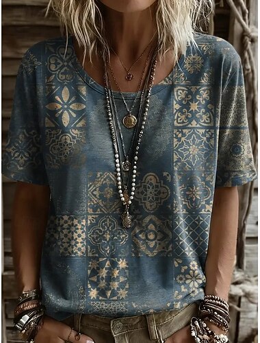  نسائي تي شيرت طباعة ورد الرسم هندسي عتيق أنيق كاجوال كم قصير رقبة عالية مدورة قمصان عادية فضفاض مناسب للبس اليومي عطلة نهاية الاسبوع أسود وردي بلاشيهغ داستي بلو بني الصيف الربيع