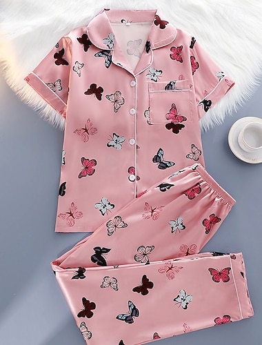  Damen Freizeitkleidung Schlafanzug Set Mode Einfach Lässig Blumen Grafik Tiermotiv Satin-Seidenpyjamas Elastischer Bund Knöpfe Hose Heim Urlaub Kurzarm Hemdkragen Hellrosa Schwarz Weiß Rosa Rote
