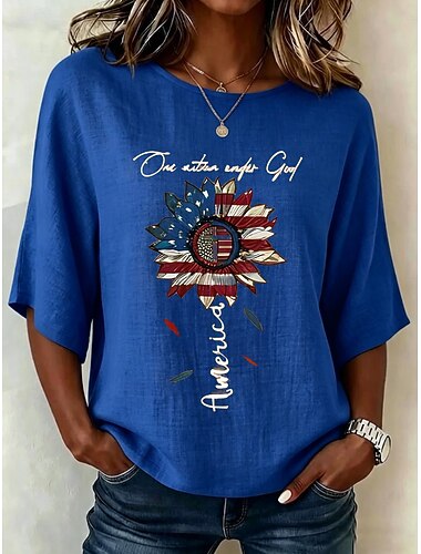  Ημέρα Αμερικανικής Ανεξαρτησίας Γυναικεία Καλοκαιρινές κορυφές Στάμπα Γραφική Σημαία Βίντατζ Στυλάτο Καθημερινό Αμάνικο 3/4 Μήκος Μανικιού Στρογγυλή Ψηλή Λαιμόκοψη Μακριές μπλούζες Causal Καθημερινά