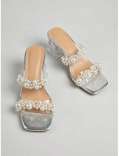  Elegante zilveren damesslippers met imitatieparels - chique transparante sandalen voor een avondje uit in een resort of voor een strandbruiloft. &zomergala's