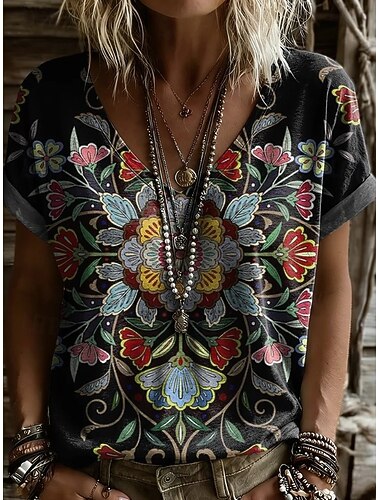  نسائي تي شيرت طباعة ورد الرسم هندسي عتيق أنيق كاجوال كم قصير V رقبة قمصان طويلة فضفاض مناسب للبس اليومي عطلة نهاية الاسبوع أزرق أسود أحمر الصيف الربيع