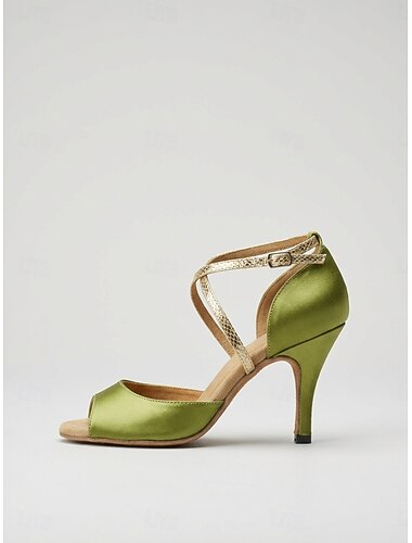  Γυναικεία πράσινα σατέν ψηλοτάκουνα παπούτσια χορού latin, ανοιχτά δάχτυλα με σταυρωτό λουράκι για σάλσα, τάνγκο, εξάσκηση &απόδοση